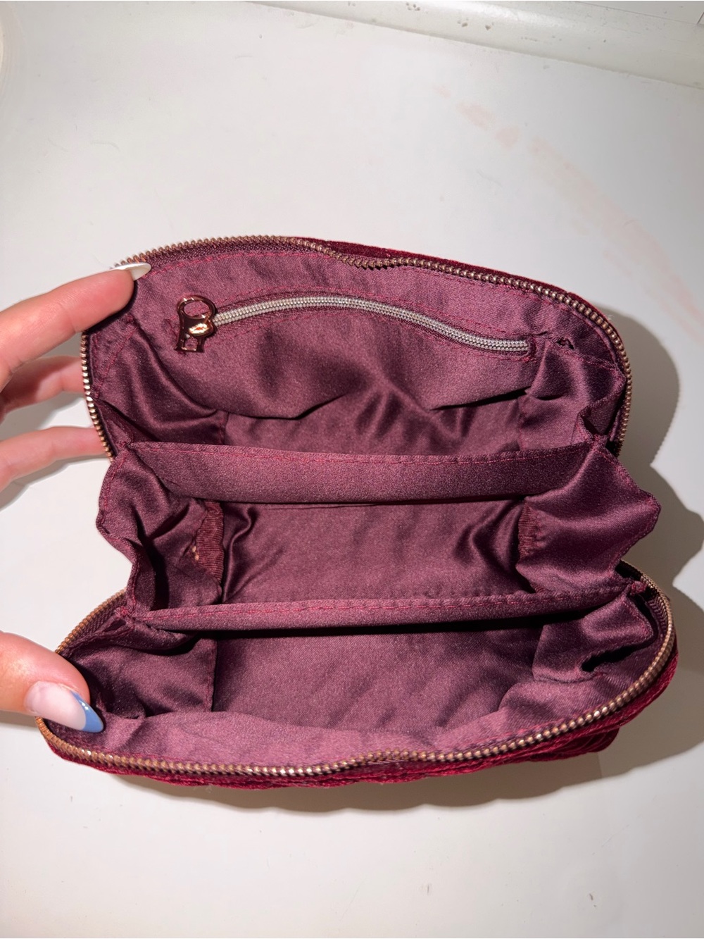 Charlotte Tilbury Deep Burgundy Quilted Velvet Cosmetic Pouch With Gold Logo View 3